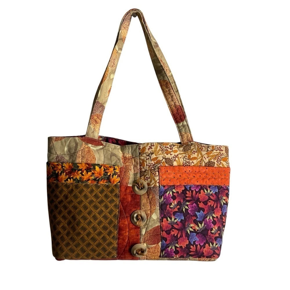 T-Bags Handmade Quilted Patchwork Shoulder Tote – Fall Leaf Print, Multicolor